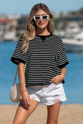 Black Stripe Ribbed Patchwork Seam Detail Half Sleeve Tee