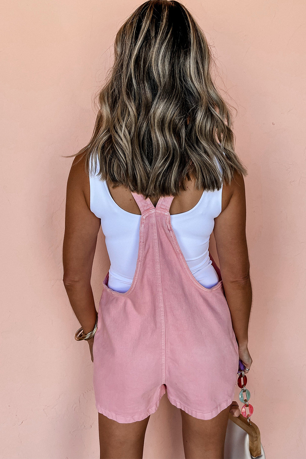 Light French Beige Solid Color Knot Straps Denim Romper with Pockets
