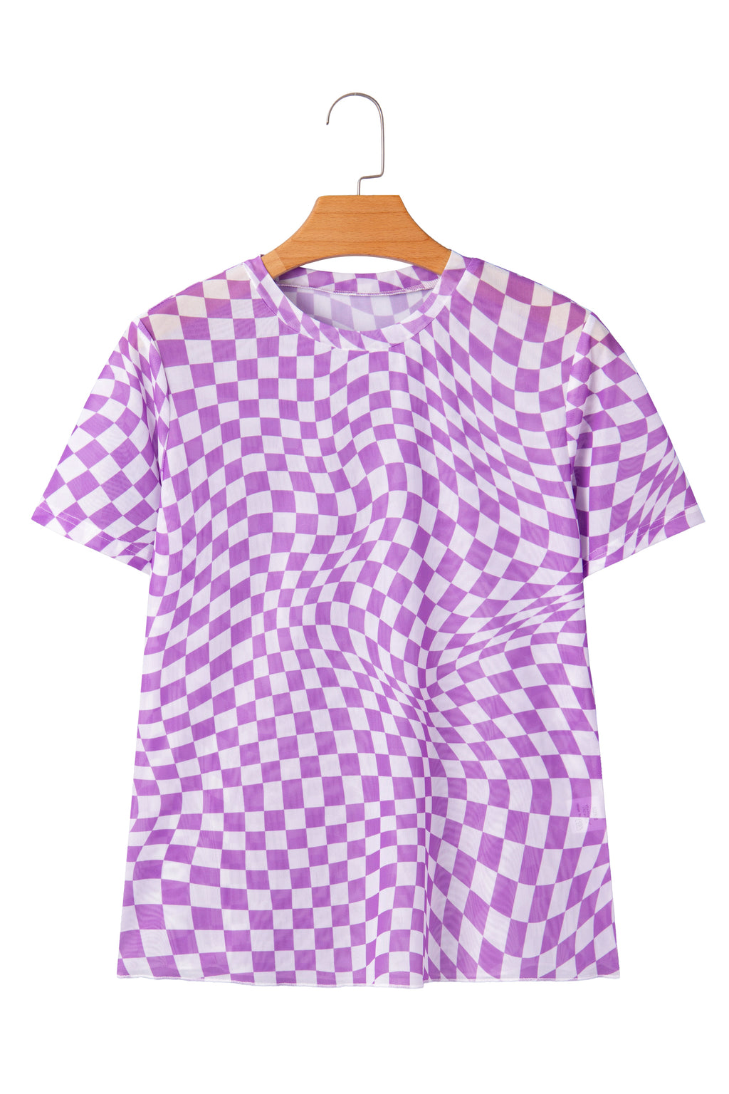 Khaki Checkered Print Crew Neck Mesh T Shirt