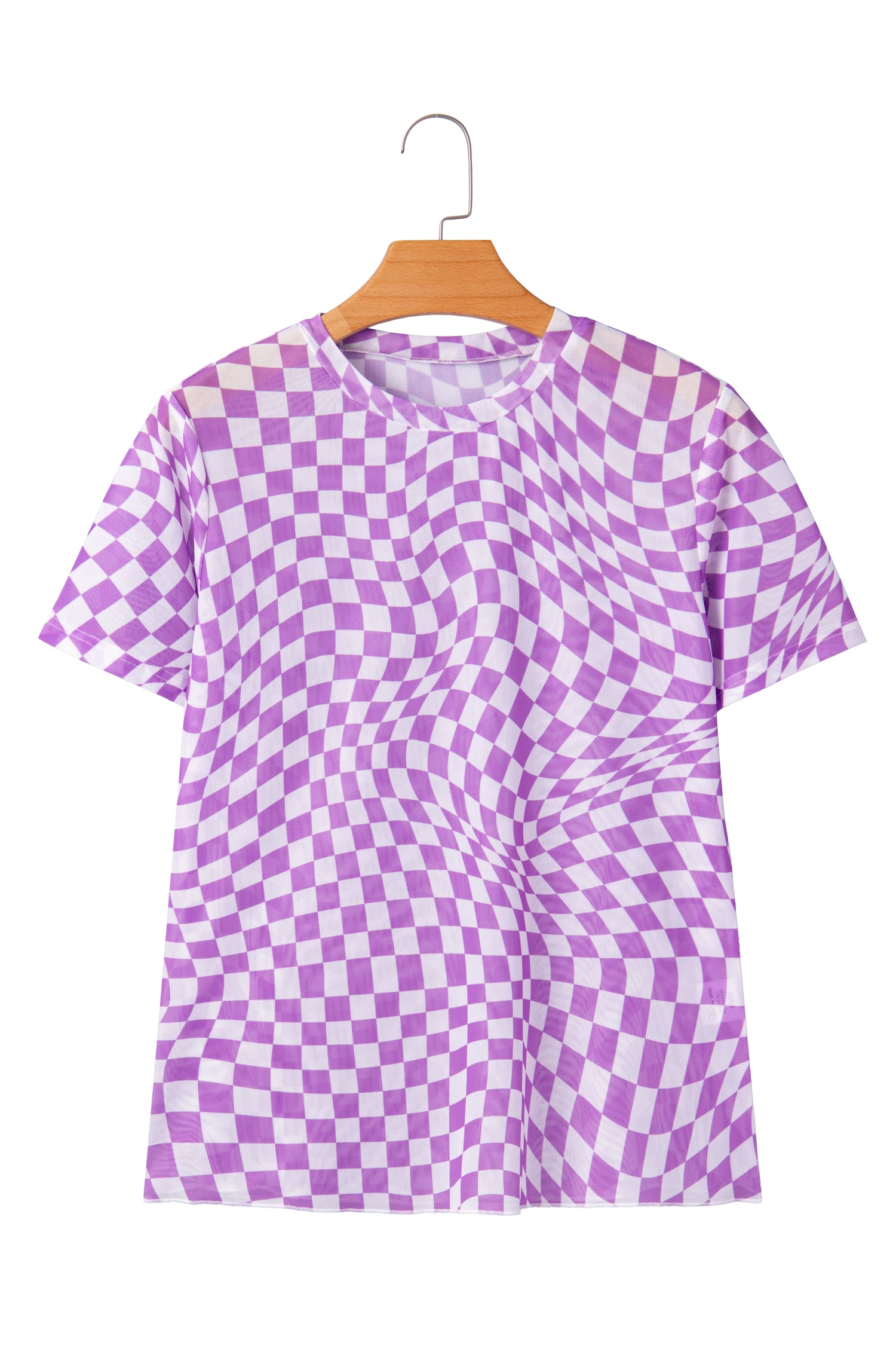 Khaki Checkered Print Crew Neck Mesh T Shirt