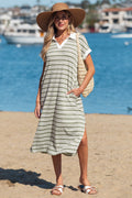 Green Stripe Collared V Neck Short Sleeve T Shirt Midi Dress with Pockets