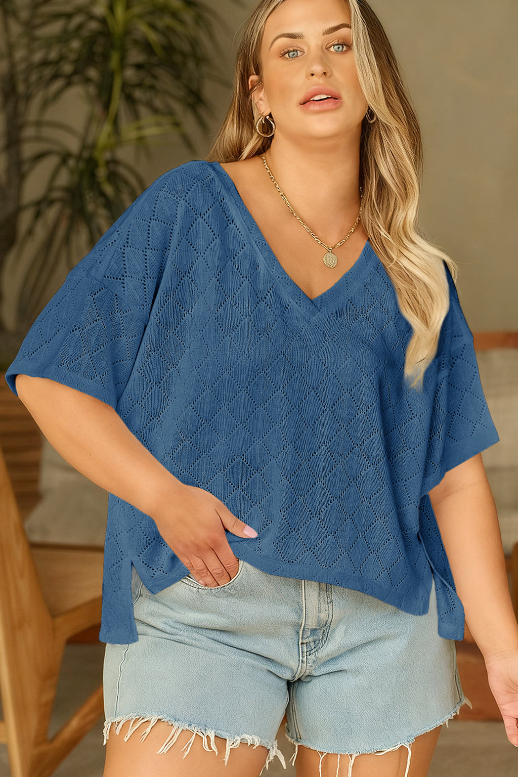 Light Pink Pointelle Rhombus Knit Plus Size V Neck Loose Top