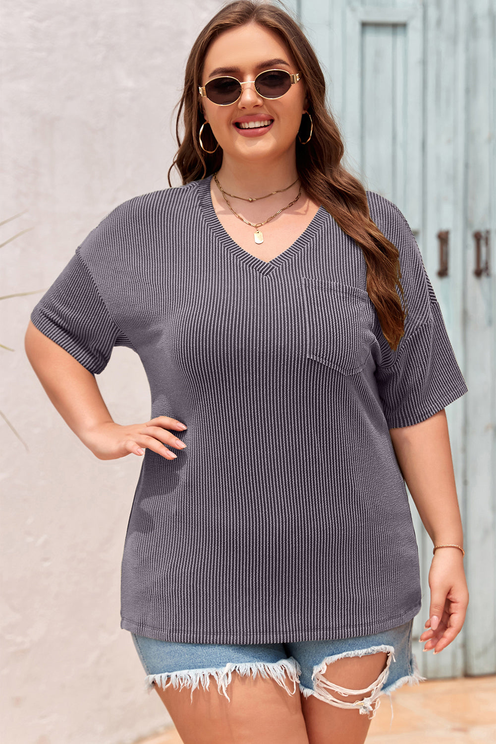 Black Textured V-Neck Dropped Shoulder Plus T-Shirt