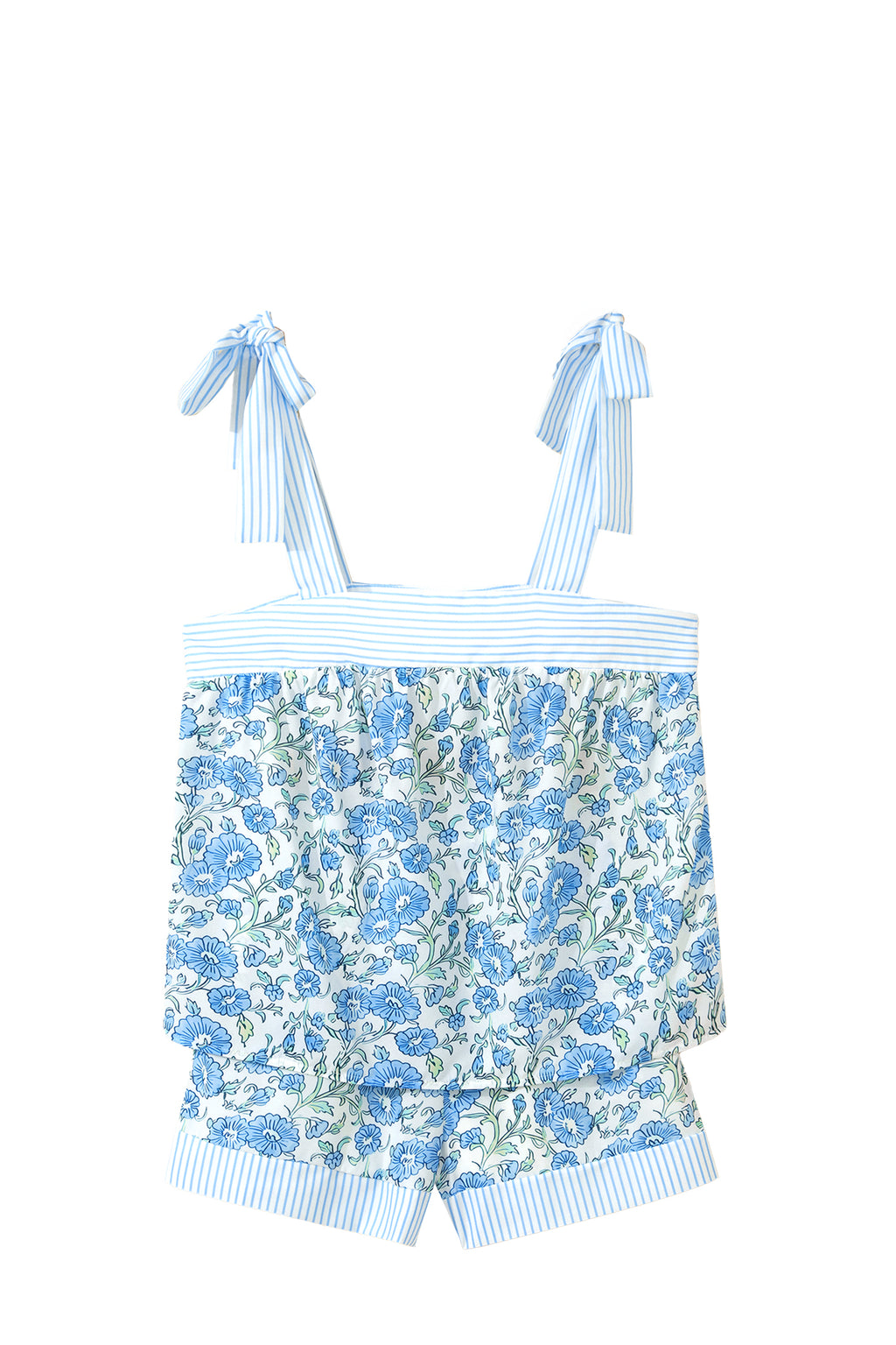 Sky Blue Floral Striped Patchwork Knot Straps 2pcs Short Set
