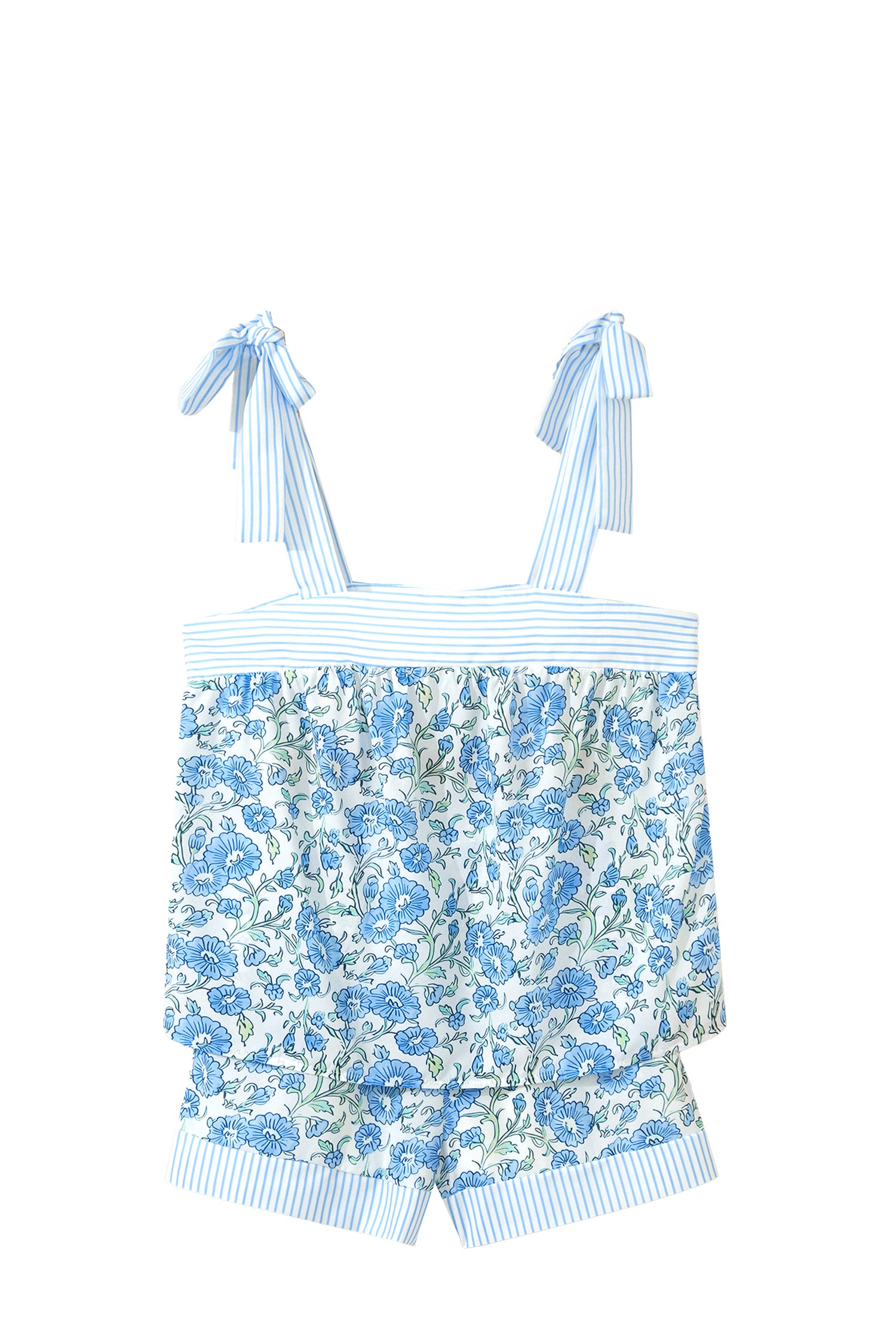 Sky Blue Floral Striped Patchwork Knot Straps 2pcs Short Set