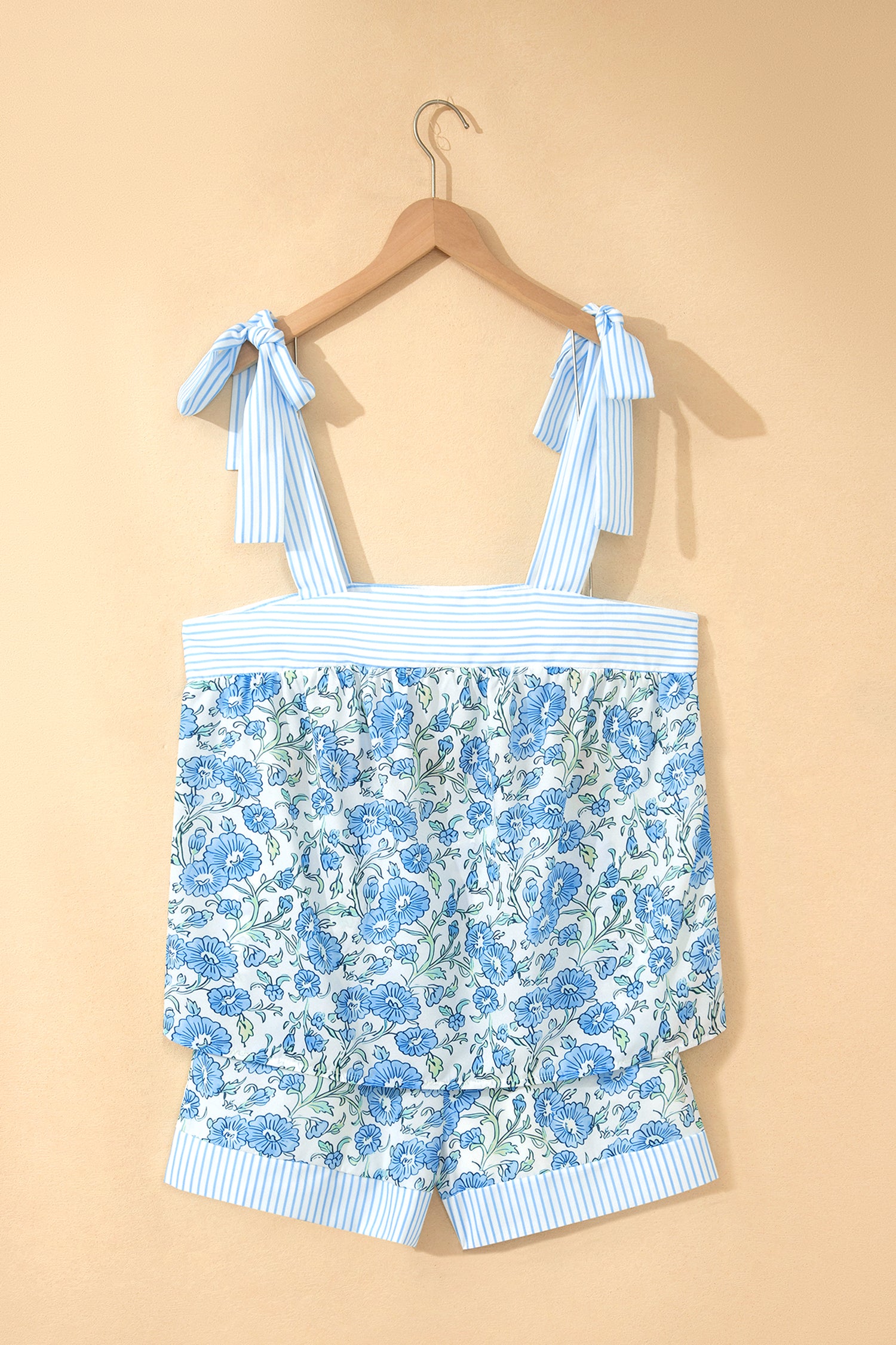 Sky Blue Floral Striped Patchwork Knot Straps 2pcs Short Set