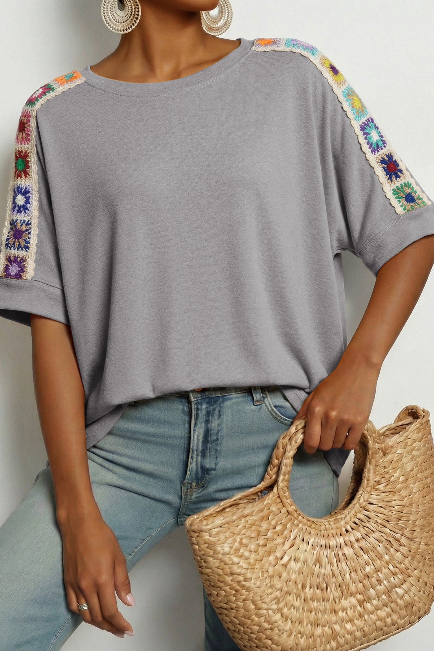 Parchment Granny Square Crochet Detail Loose T Shirt