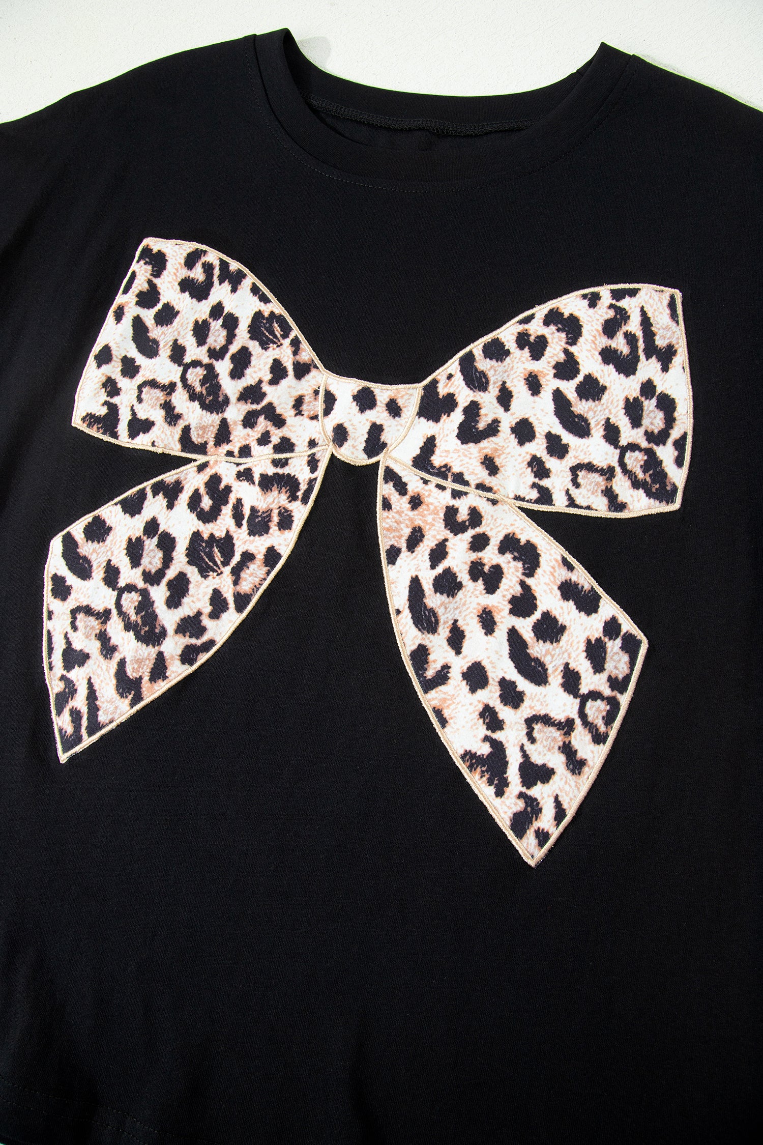 Pink Leopard Bow Embroidered Cotton Round Neck T Shirt