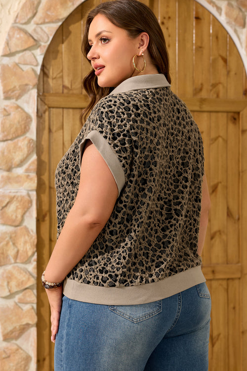 Beige Ribbed Patchwork Collar Cuffed Sleeve Leopard Plus Top