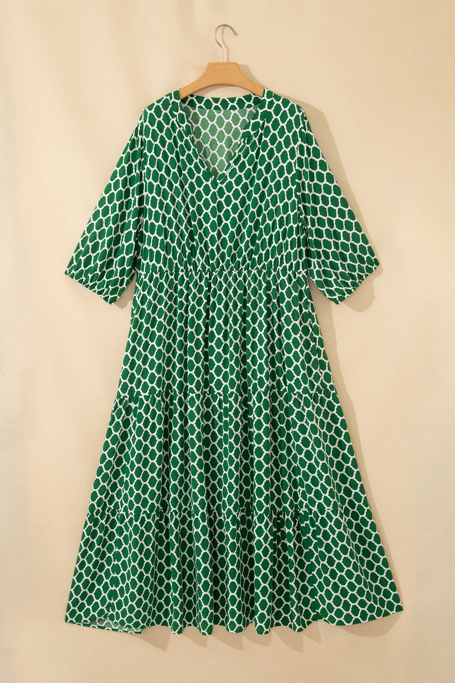 Green Plus Size Geometric Print Pocketed Ruffle Hem Casual Dress