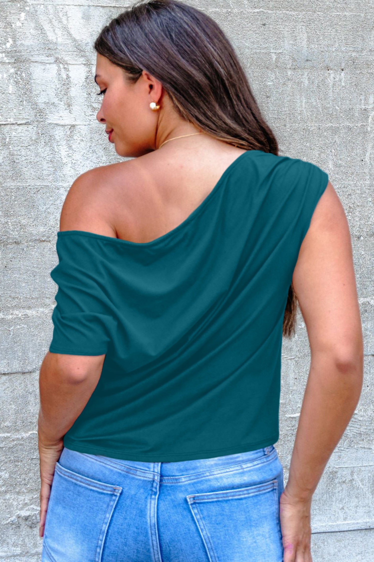 Black Plus Size Solid Color Asymmetric Neck Short Sleeve Blouse