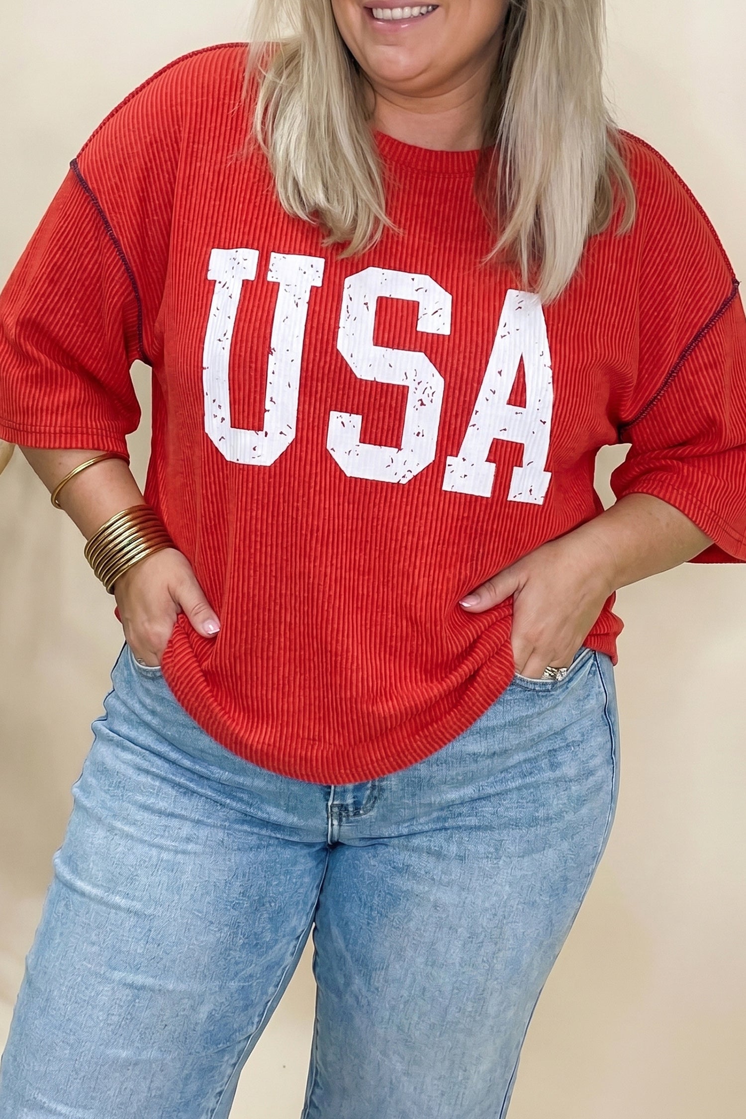 White Plus Size Twisted Rib Vintage USA Letter Printed T Shirt