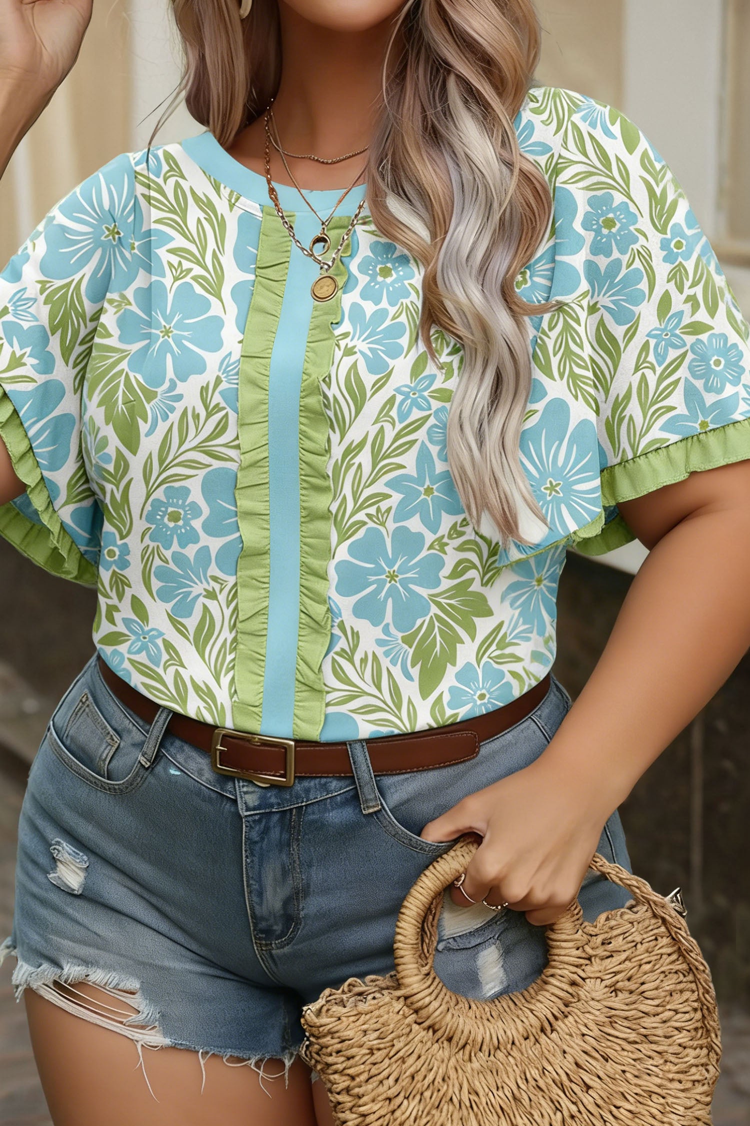 Sky Blue Plus Size Floral Print Frilled Color Block Trim Short Sleeve Blouse