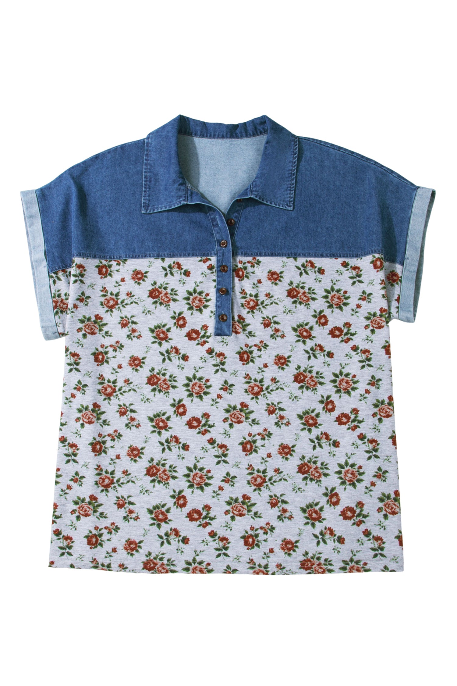 Gray Retro Floral Print Denim Patchwork Plus Size Polo Tee