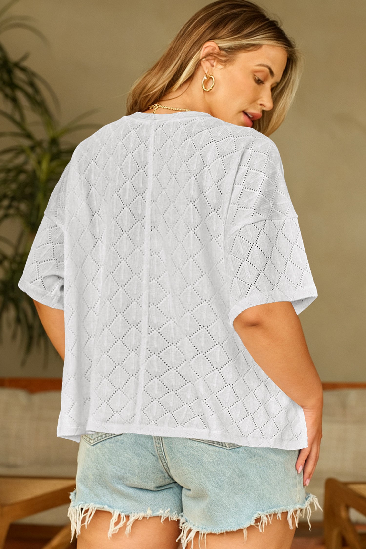 Light Pink Pointelle Rhombus Knit Plus Size V Neck Loose Top