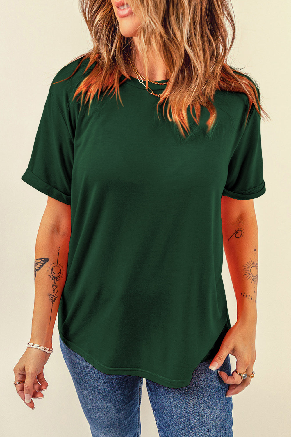 Dearlove Red Casual Plain Crew Neck Tee