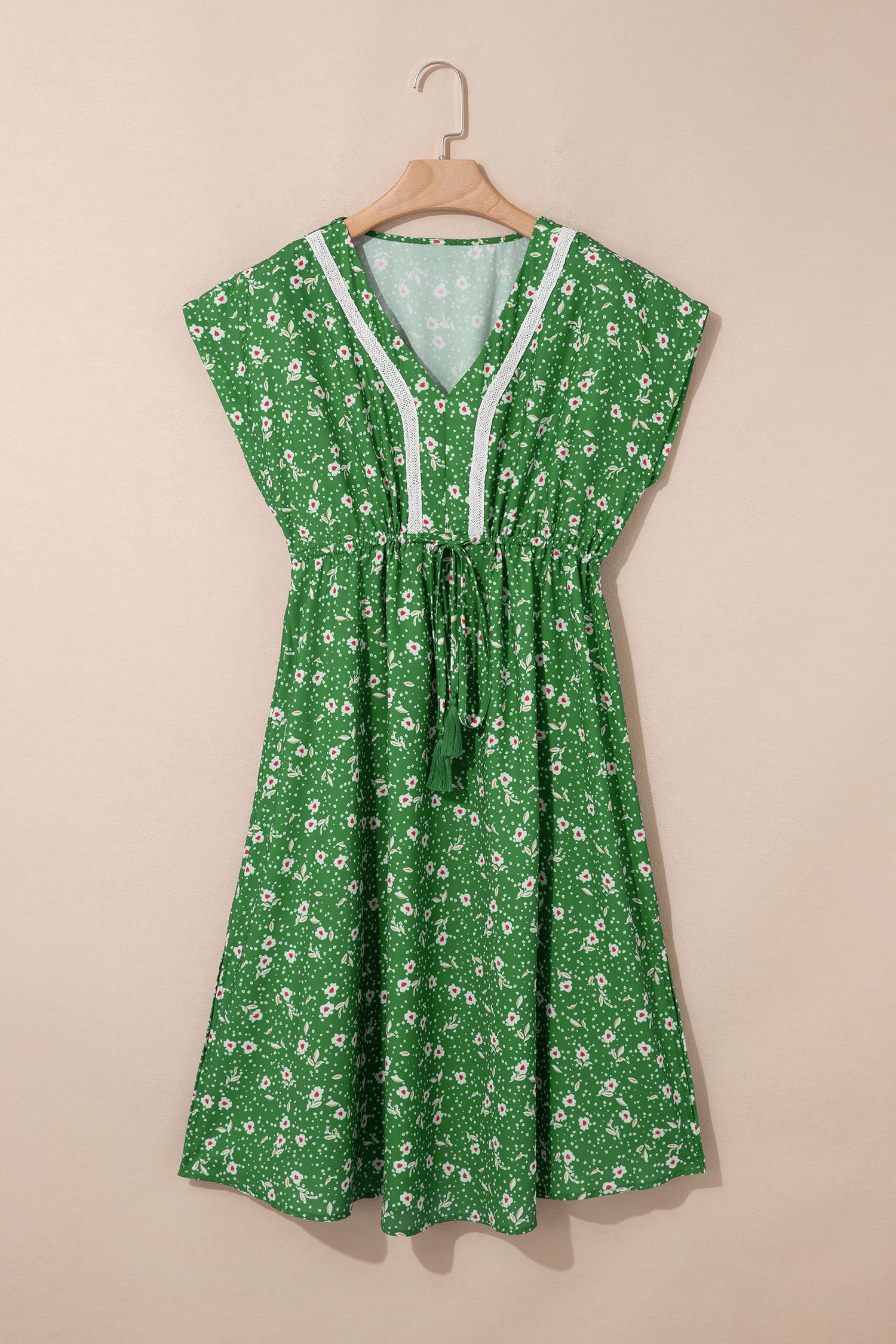 Green Abstract Print Embroidered Trim V Neck Drawstring High Waist Loose Vacation Dress