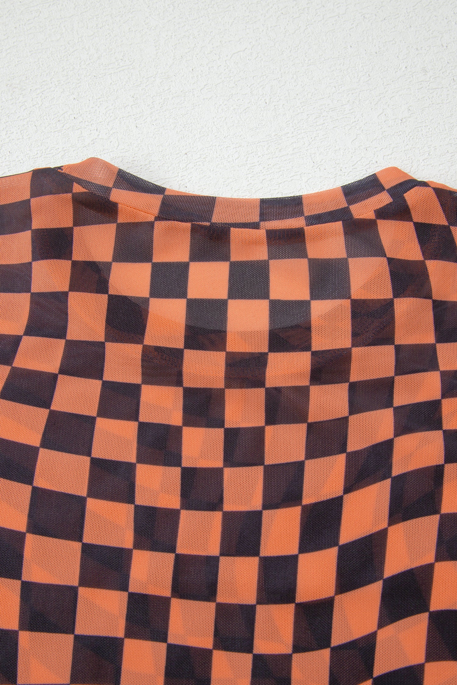 Khaki Checkered Print Crew Neck Mesh T Shirt