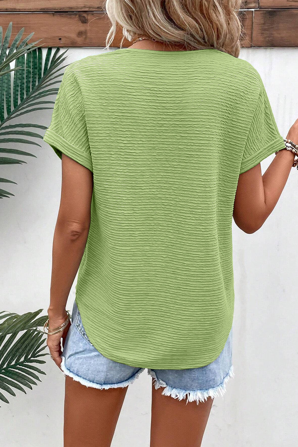 Bright Pink Textured Wide Sleeve V Neck T Shirt