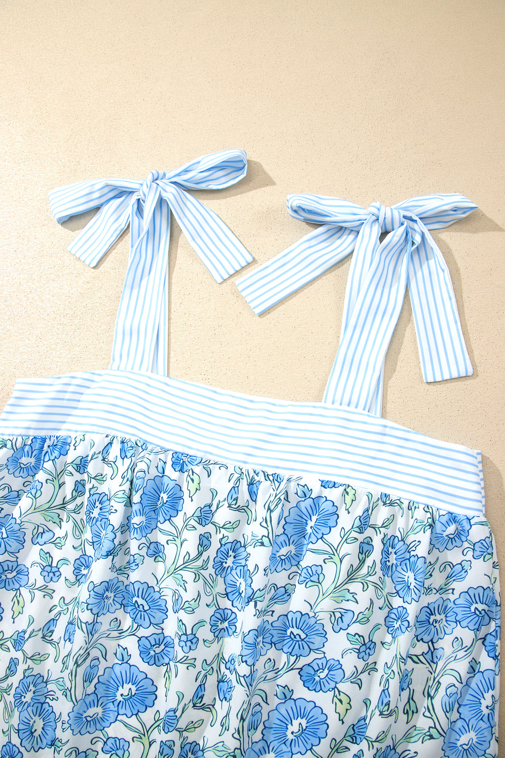 Sky Blue Floral Striped Patchwork Knot Straps 2pcs Short Set