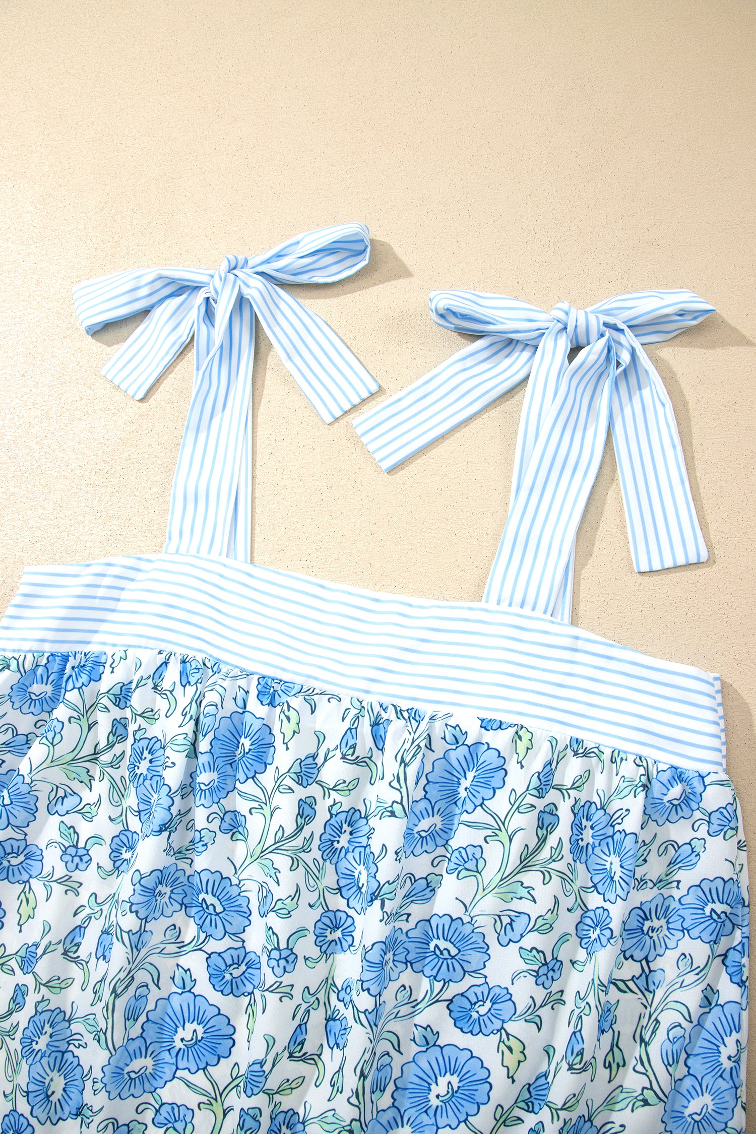 Sky Blue Floral Striped Patchwork Knot Straps 2pcs Short Set