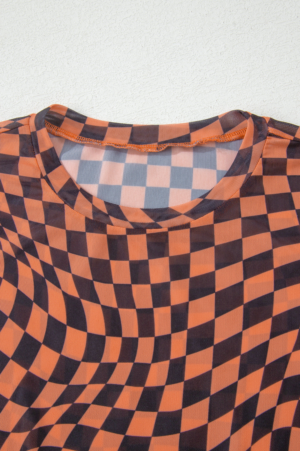 Khaki Checkered Print Crew Neck Mesh T Shirt