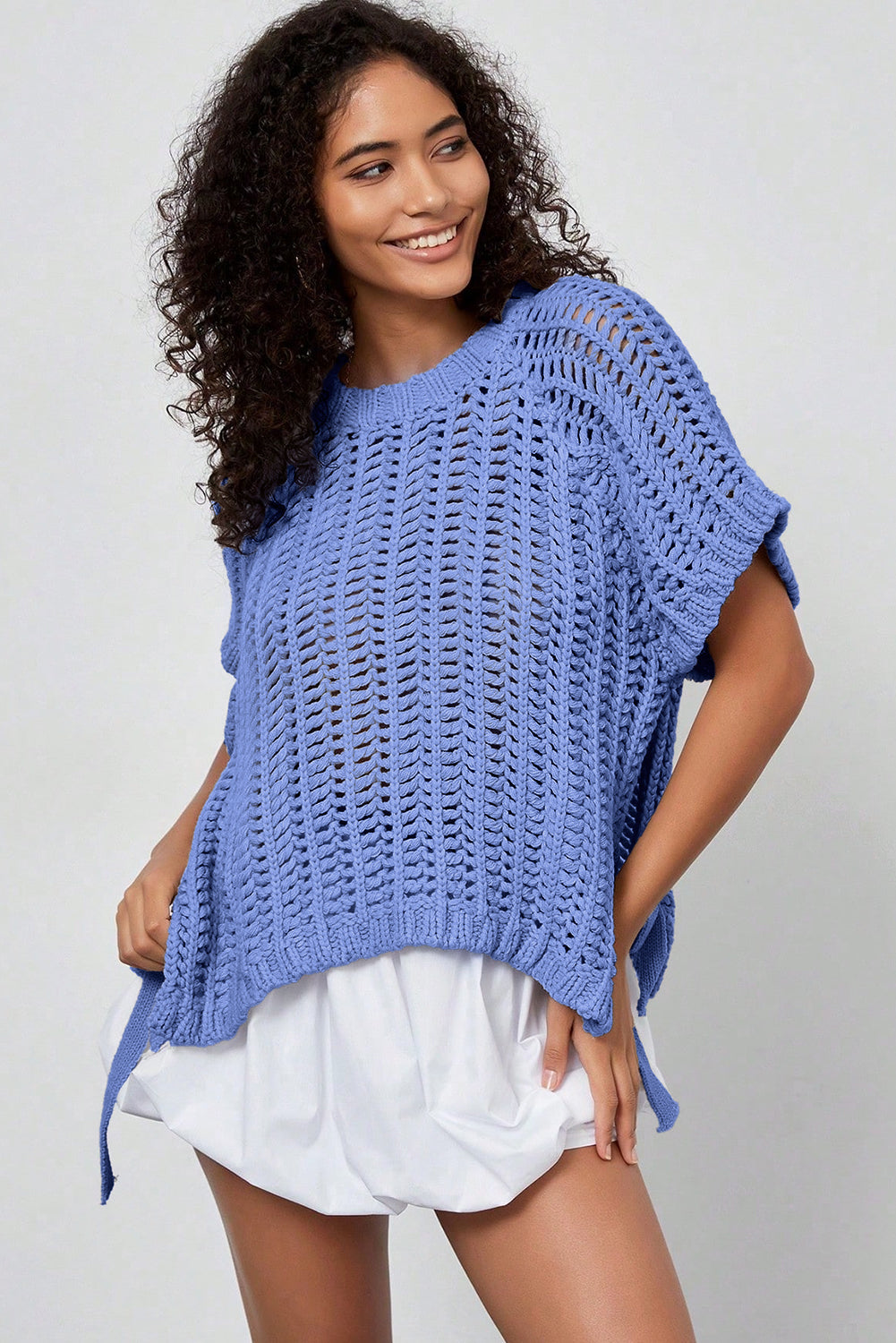 Black Plus Size Open Knit Bow Tie Short Sleeve Sweater