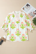 Pink Plus Size Floral Print Striped Trim V Neck Blouse