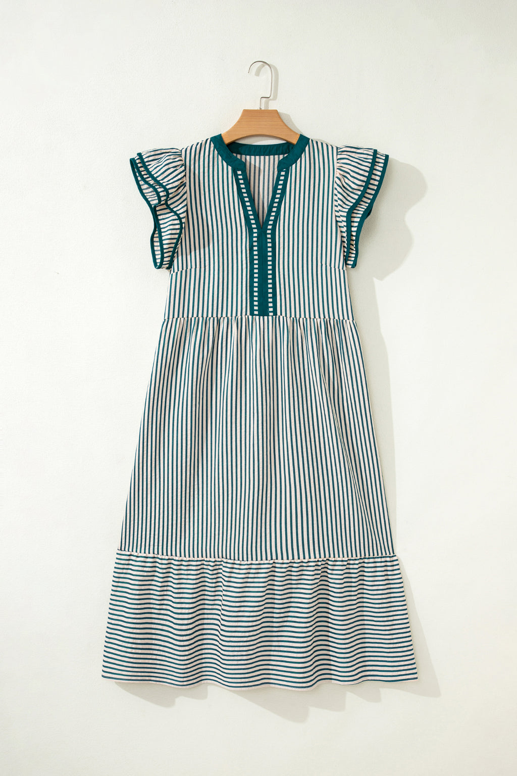 Black Stripe Double Ruffled Short Sleeve Contrast Trim V Neck Midi Dress
