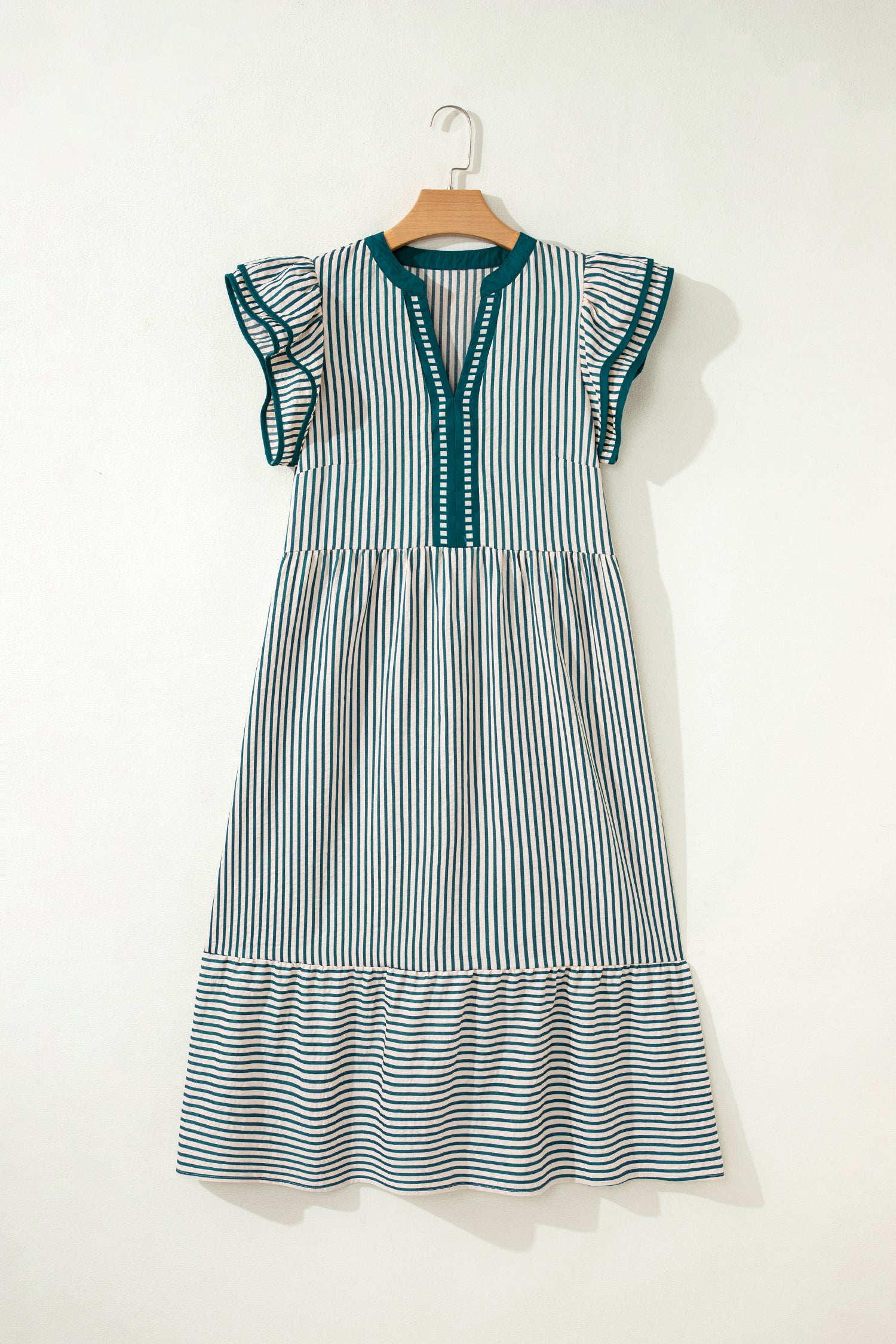 Black Stripe Double Ruffled Short Sleeve Contrast Trim V Neck Midi Dress