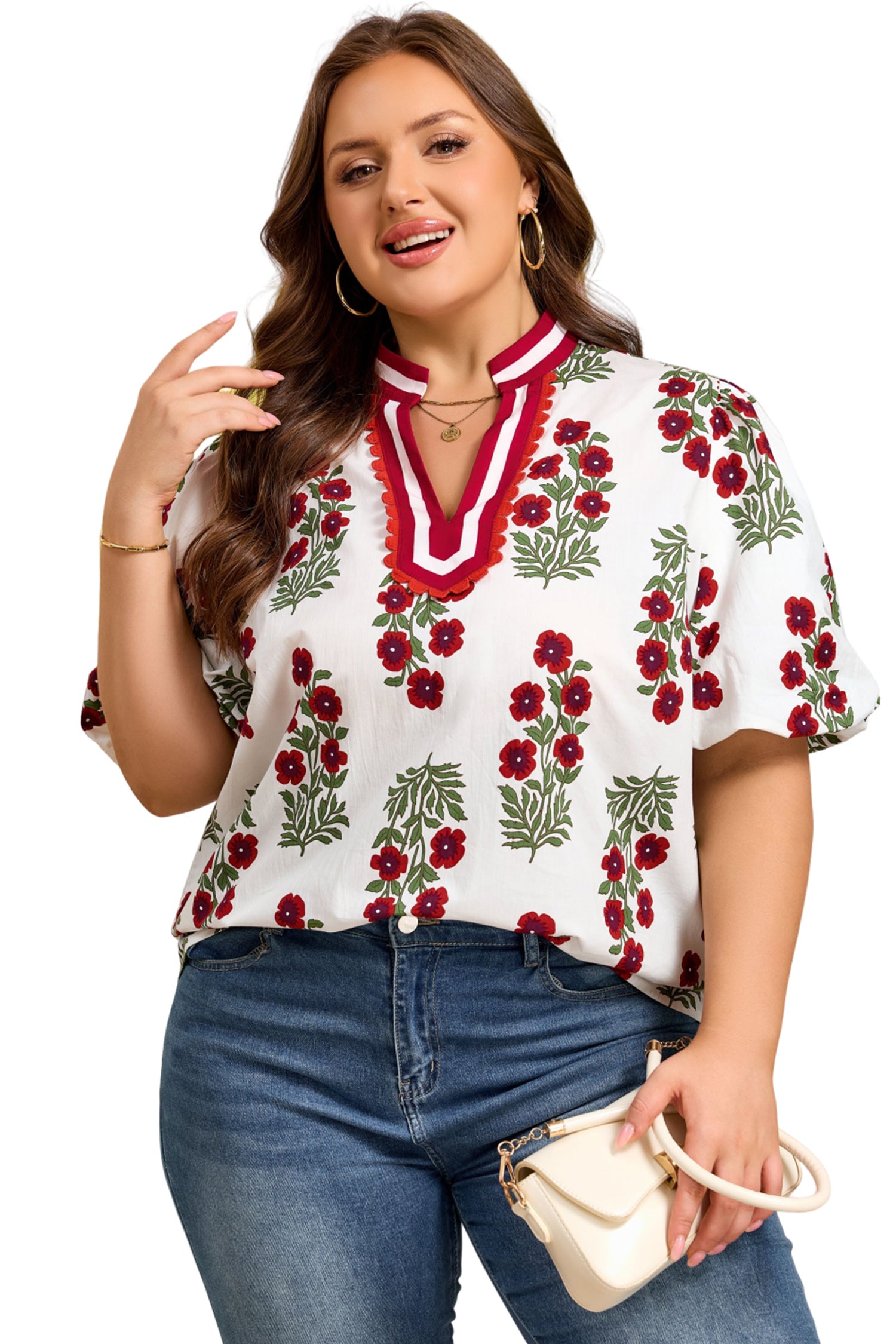Black Plus Size Floral Print Ricrac Striped Trim Short Sleeve Cotton Blouse
