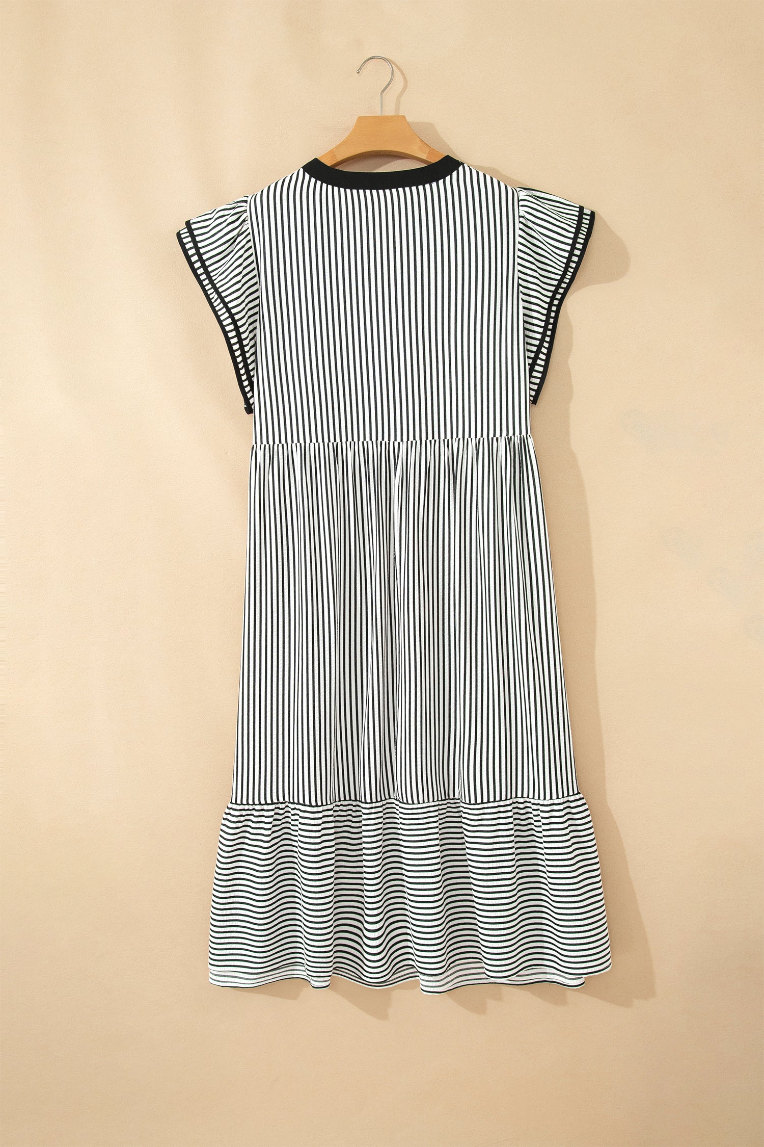 Brown Stripe Plus Size Slit V Neck Tiered Flutter Sleeve Maxi Dress
