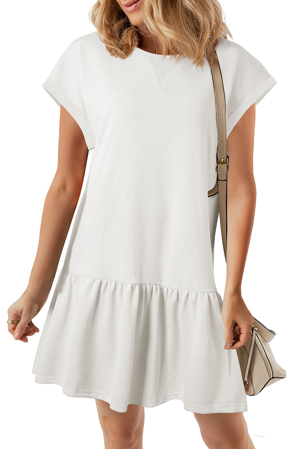 White Solid Color Cap Sleeve Drop Waist T Shirt Dress