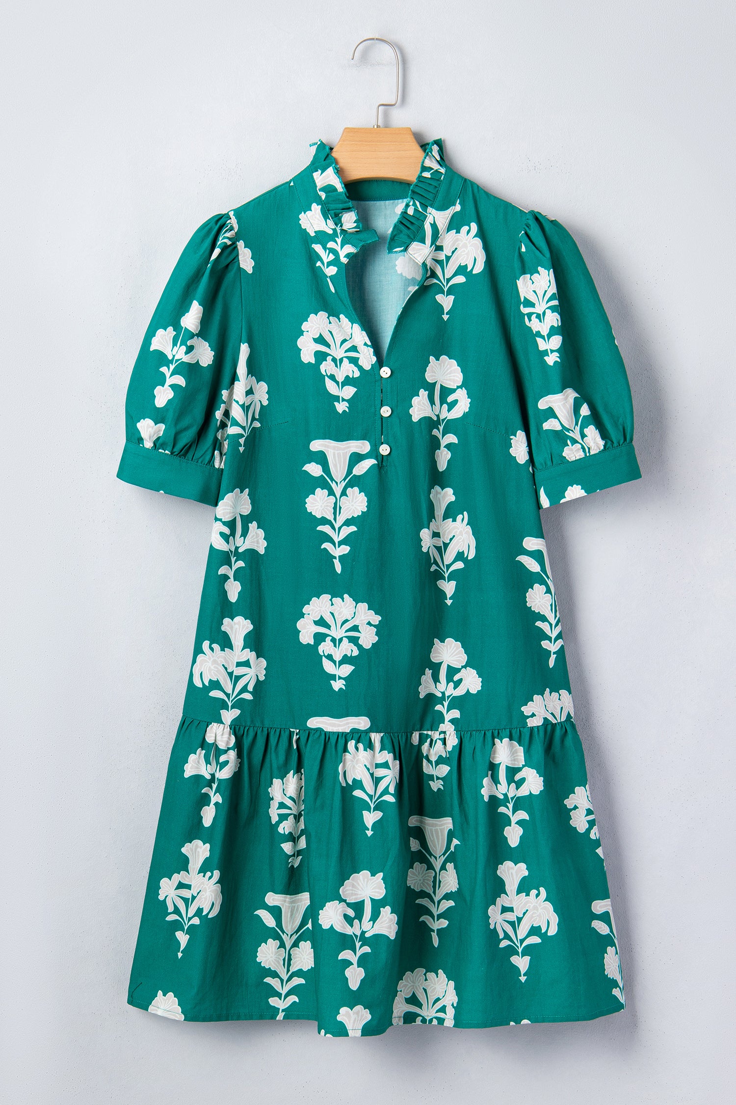 Black Frilled V Neck Puff Short Sleeve Floral Mini Dress