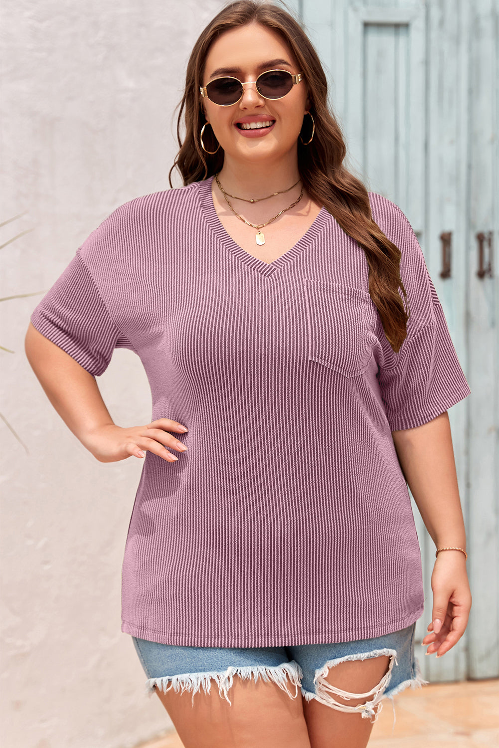 Black Textured V-Neck Dropped Shoulder Plus T-Shirt