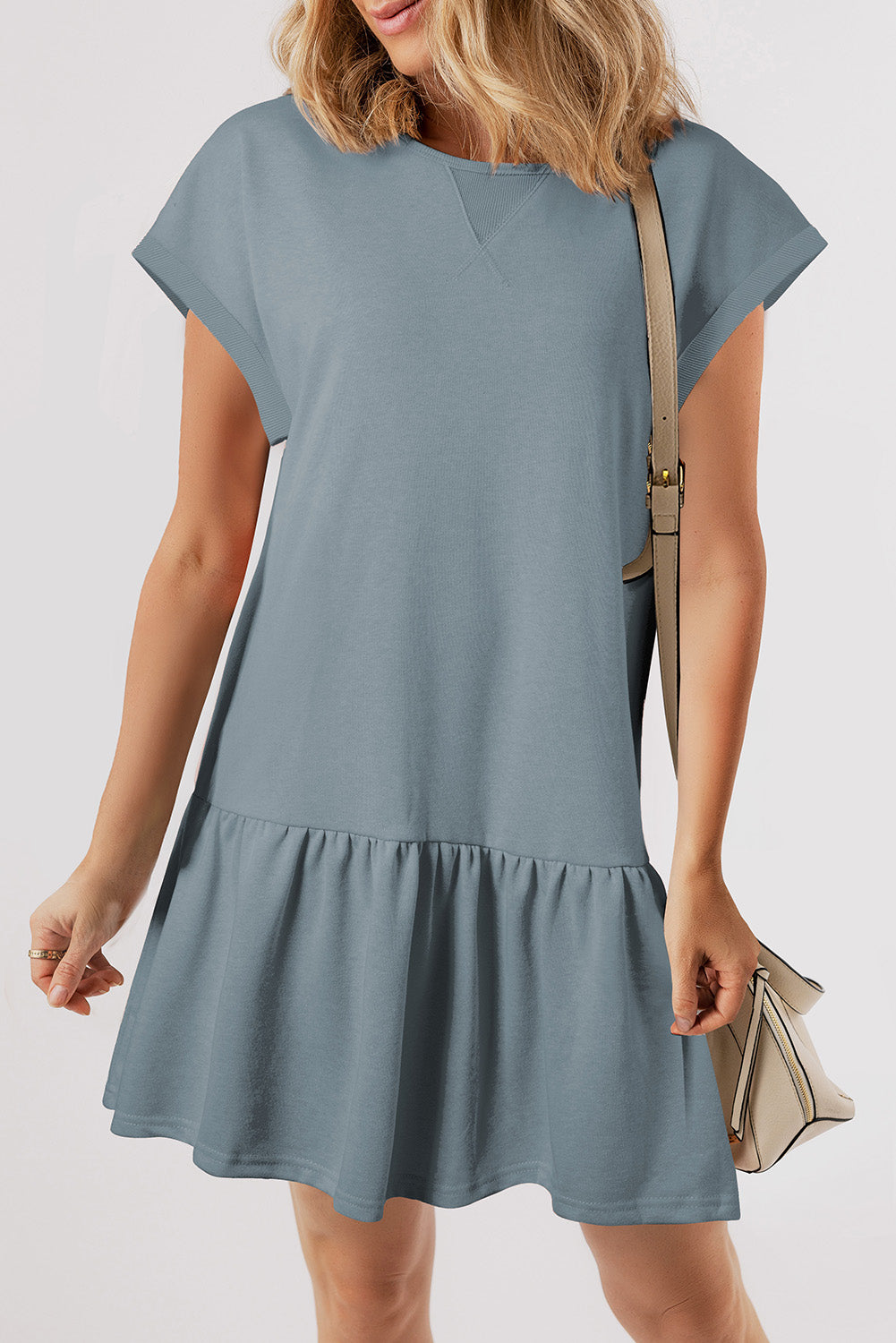 White Solid Color Cap Sleeve Drop Waist T Shirt Dress