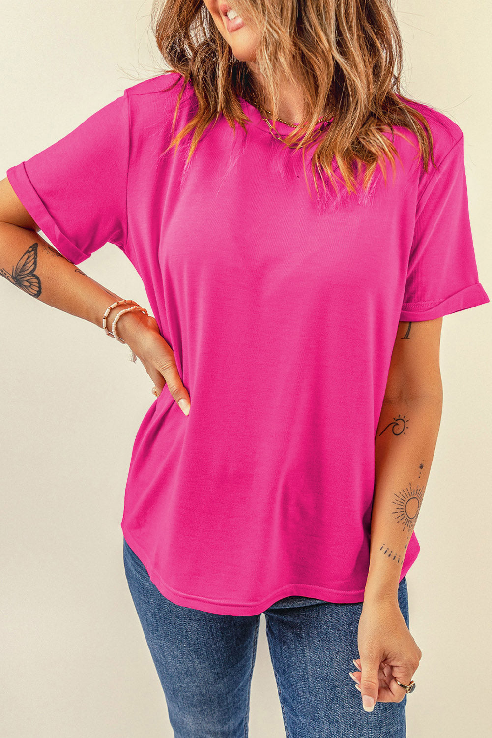 Dearlove Red Casual Plain Crew Neck Tee