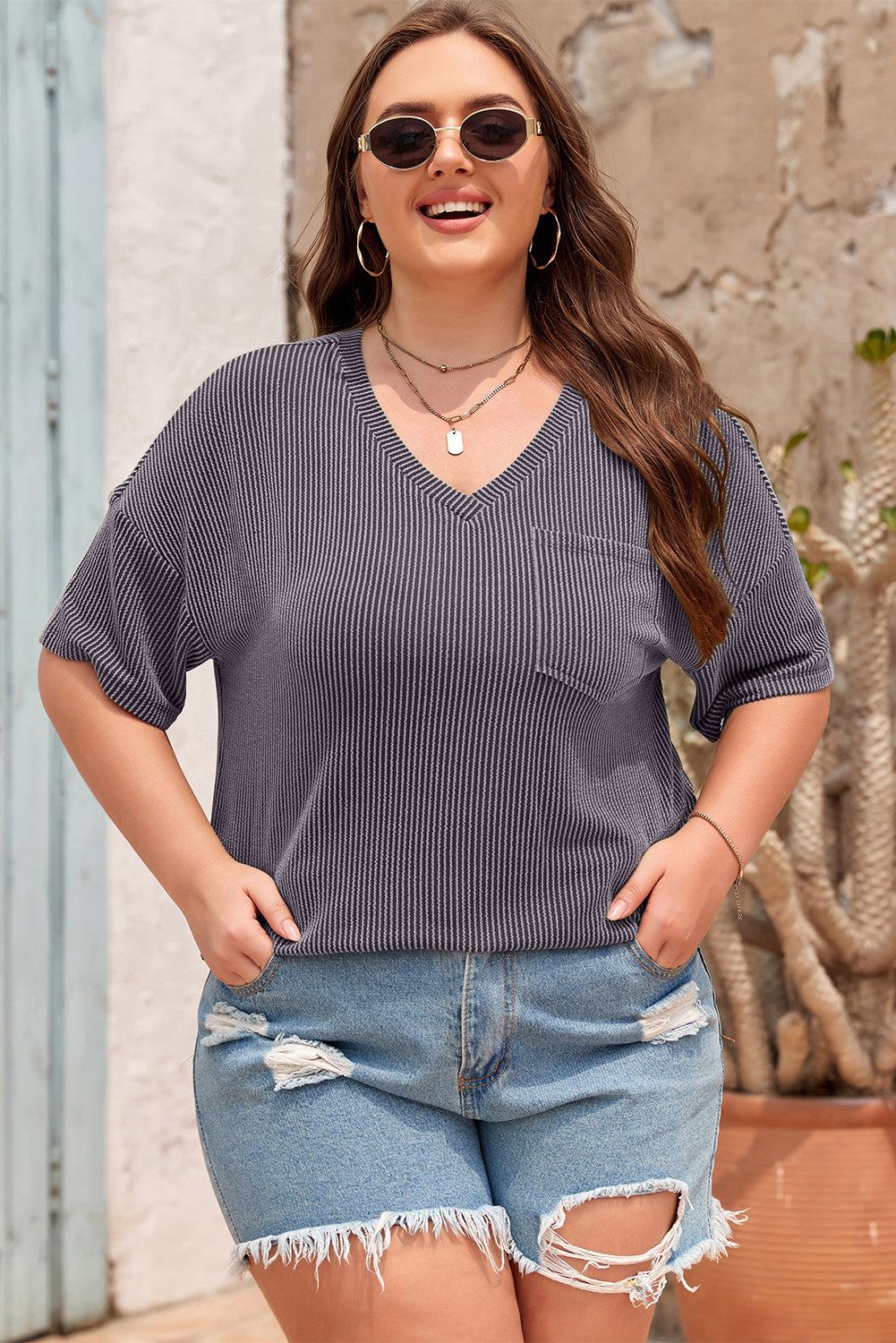 Black Textured V-Neck Dropped Shoulder Plus T-Shirt