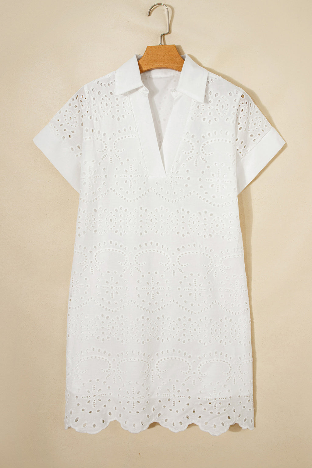 Green Solid Color Eyelet Embroidered T Shirt Mini Dress