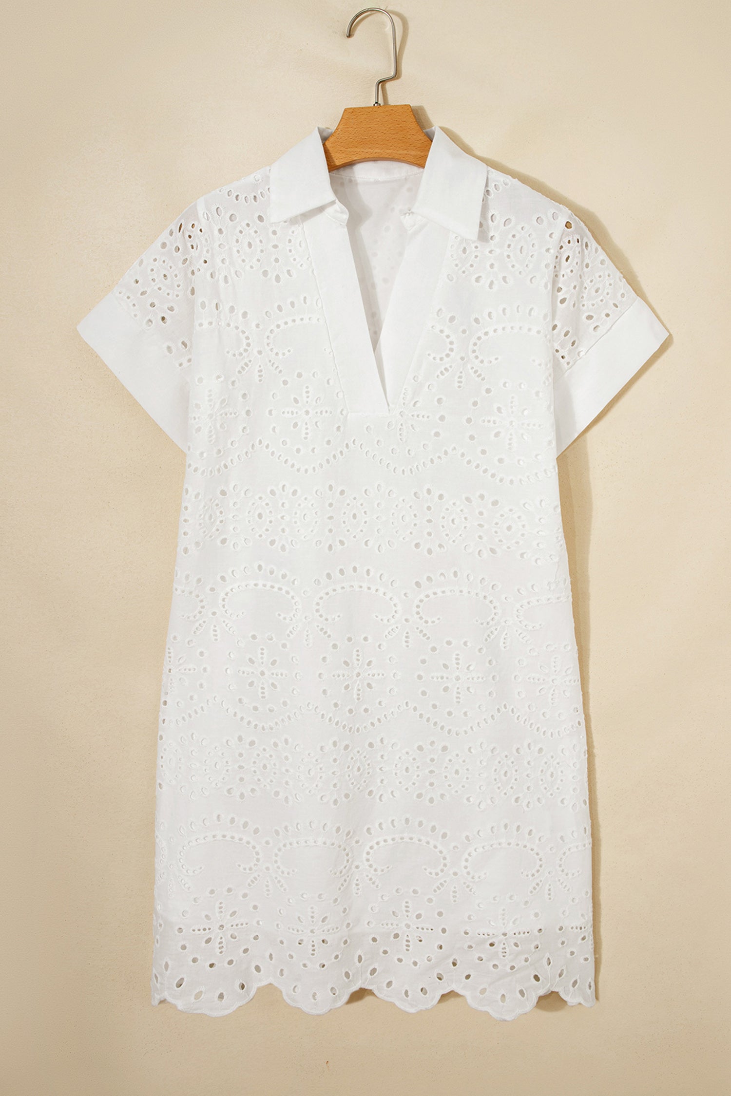 Green Solid Color Eyelet Embroidered T Shirt Mini Dress
