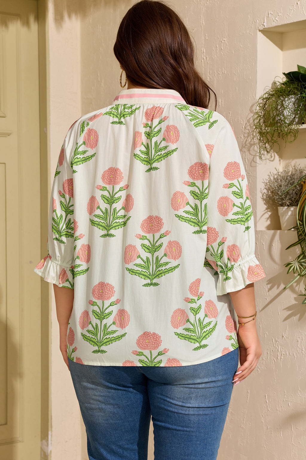 Pink Plus Size Floral Print Striped Trim V Neck Blouse