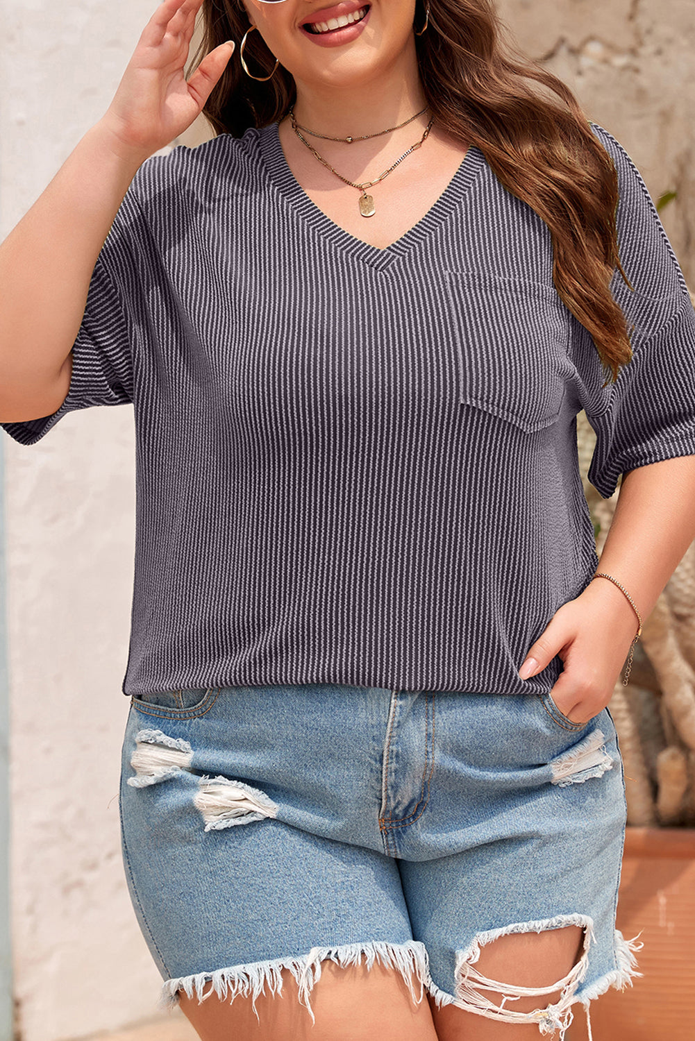 Black Textured V-Neck Dropped Shoulder Plus T-Shirt