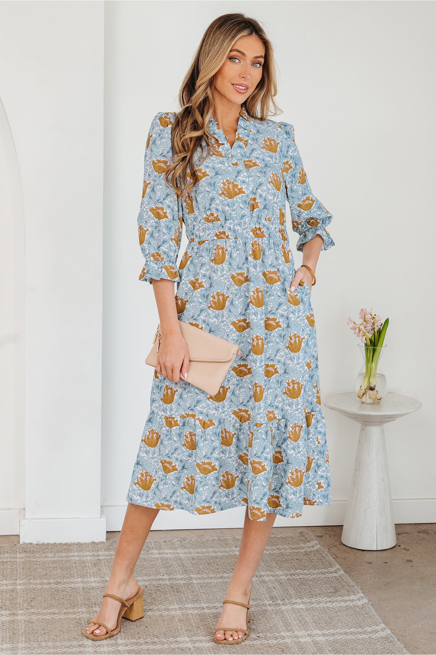 Sky Blue Floral Printed Frilled V Neck Bracelet Sleeve Long Dress