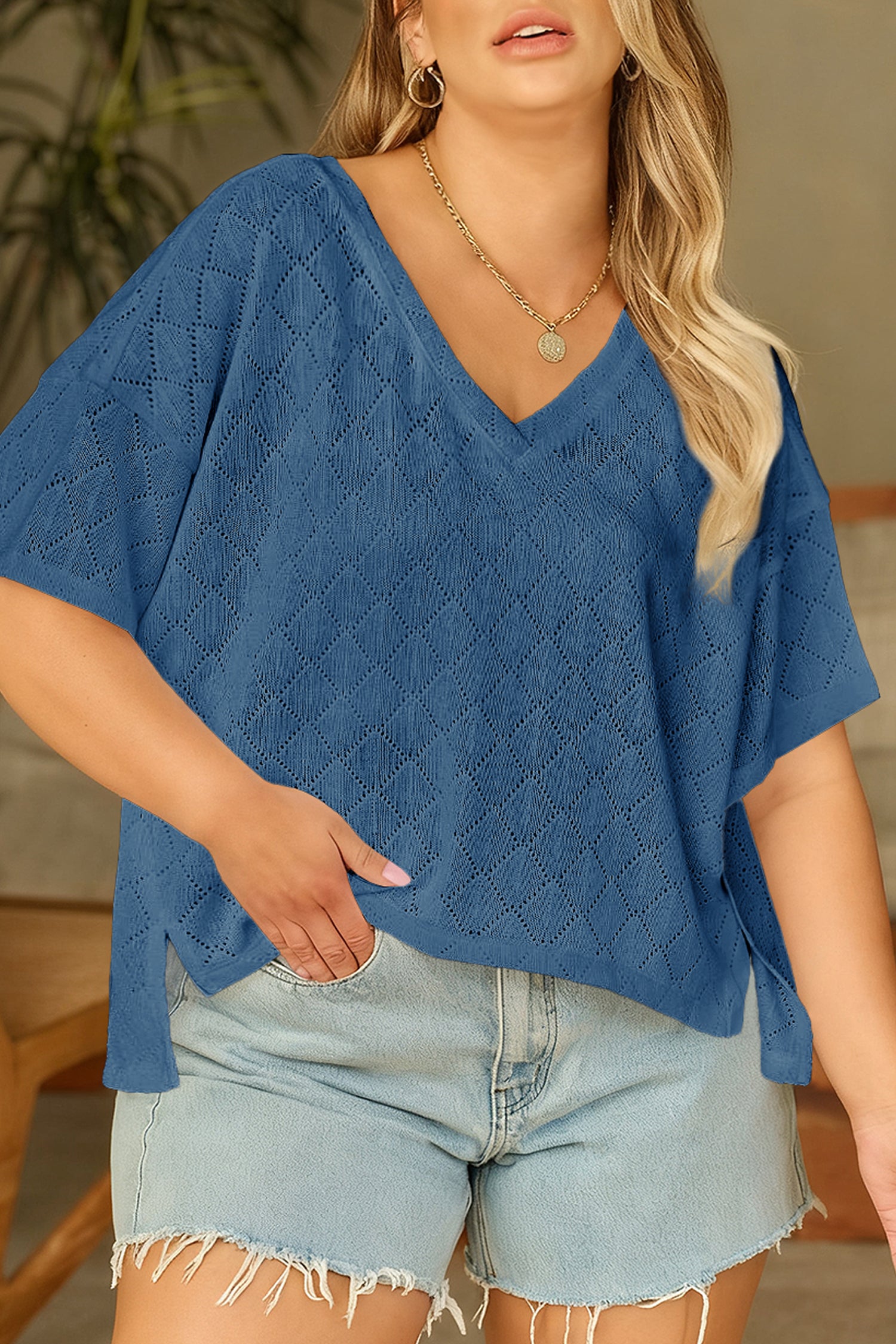 Light Pink Pointelle Rhombus Knit Plus Size V Neck Loose Top