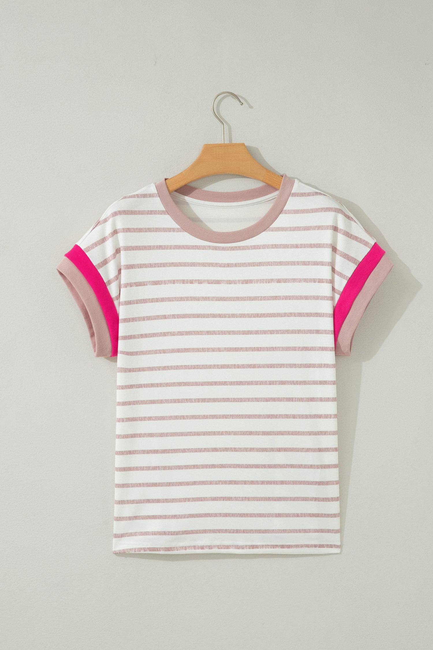 Khaki Stripe Color Block Trim Round Neck Short Sleeve Top