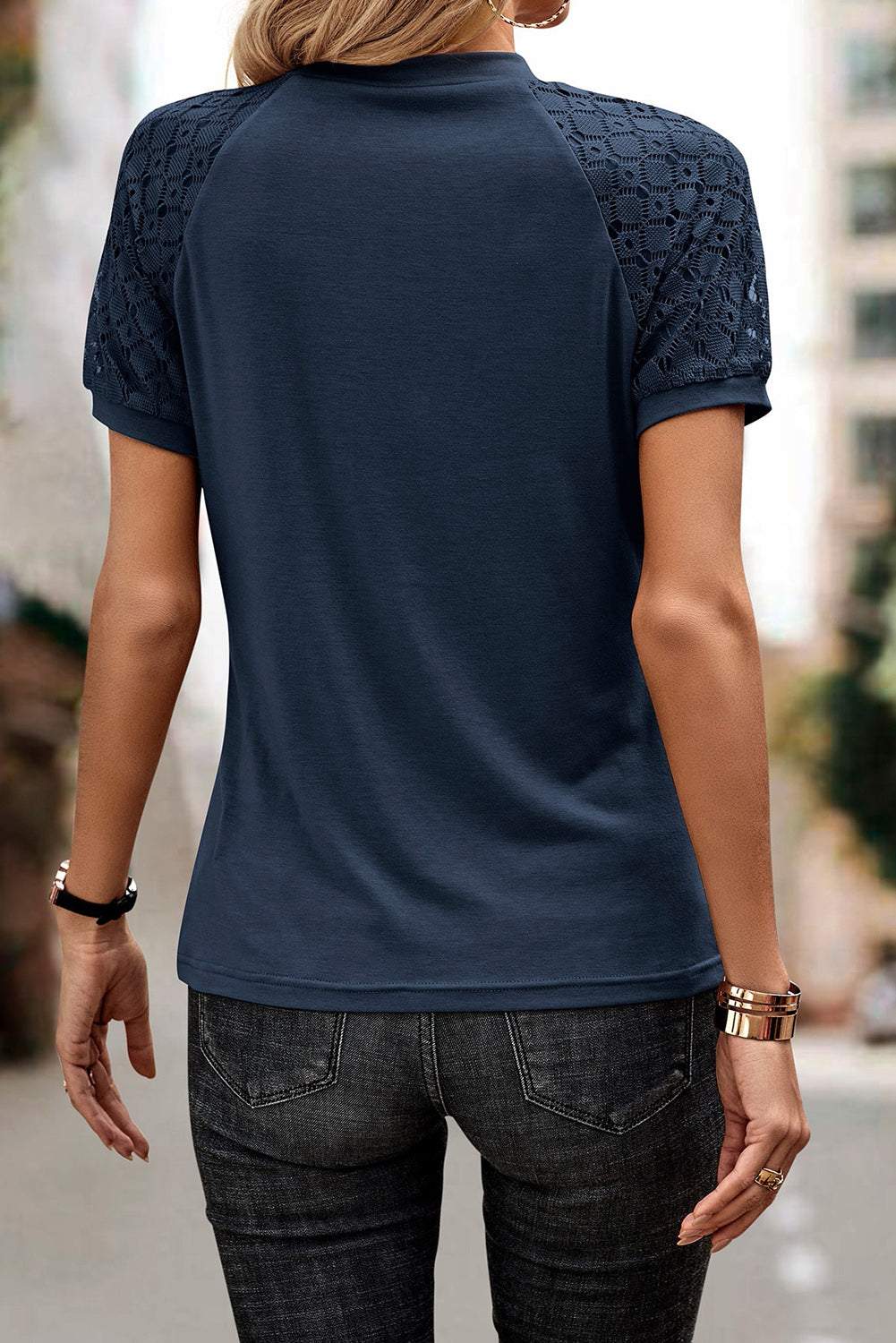 Blackish Green Seamed Detail Contrast Lace Raglan Sleeve Tee