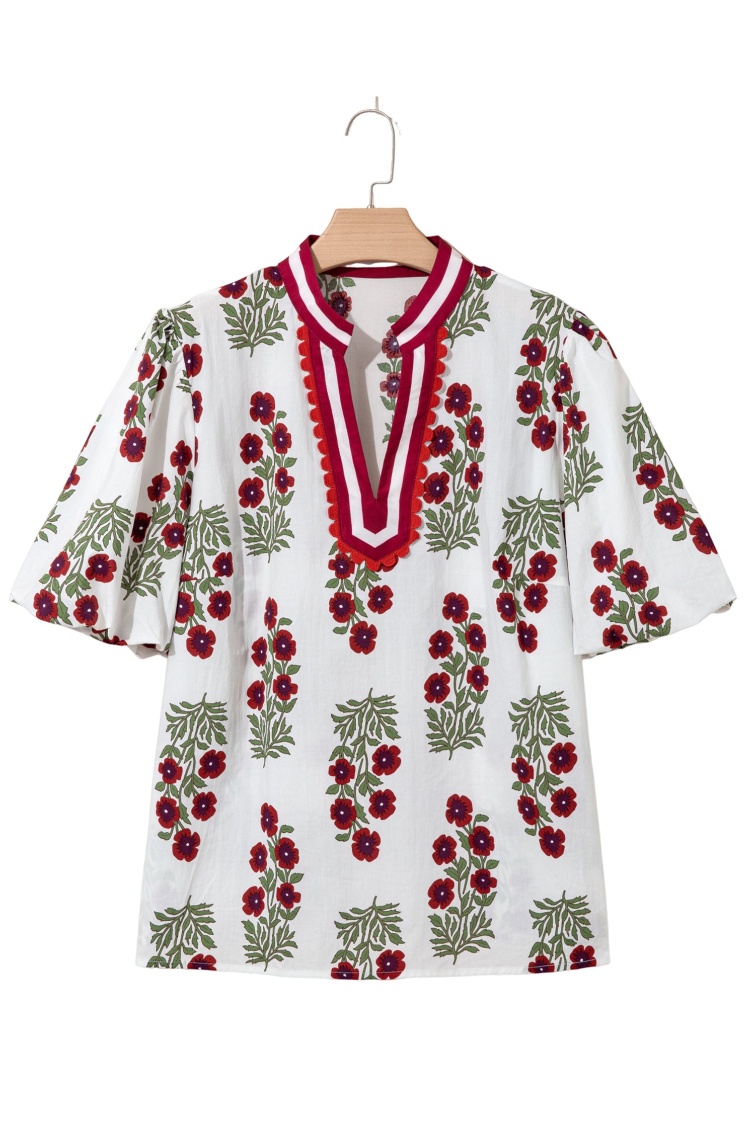 Black Plus Size Floral Print Ricrac Striped Trim Short Sleeve Cotton Blouse