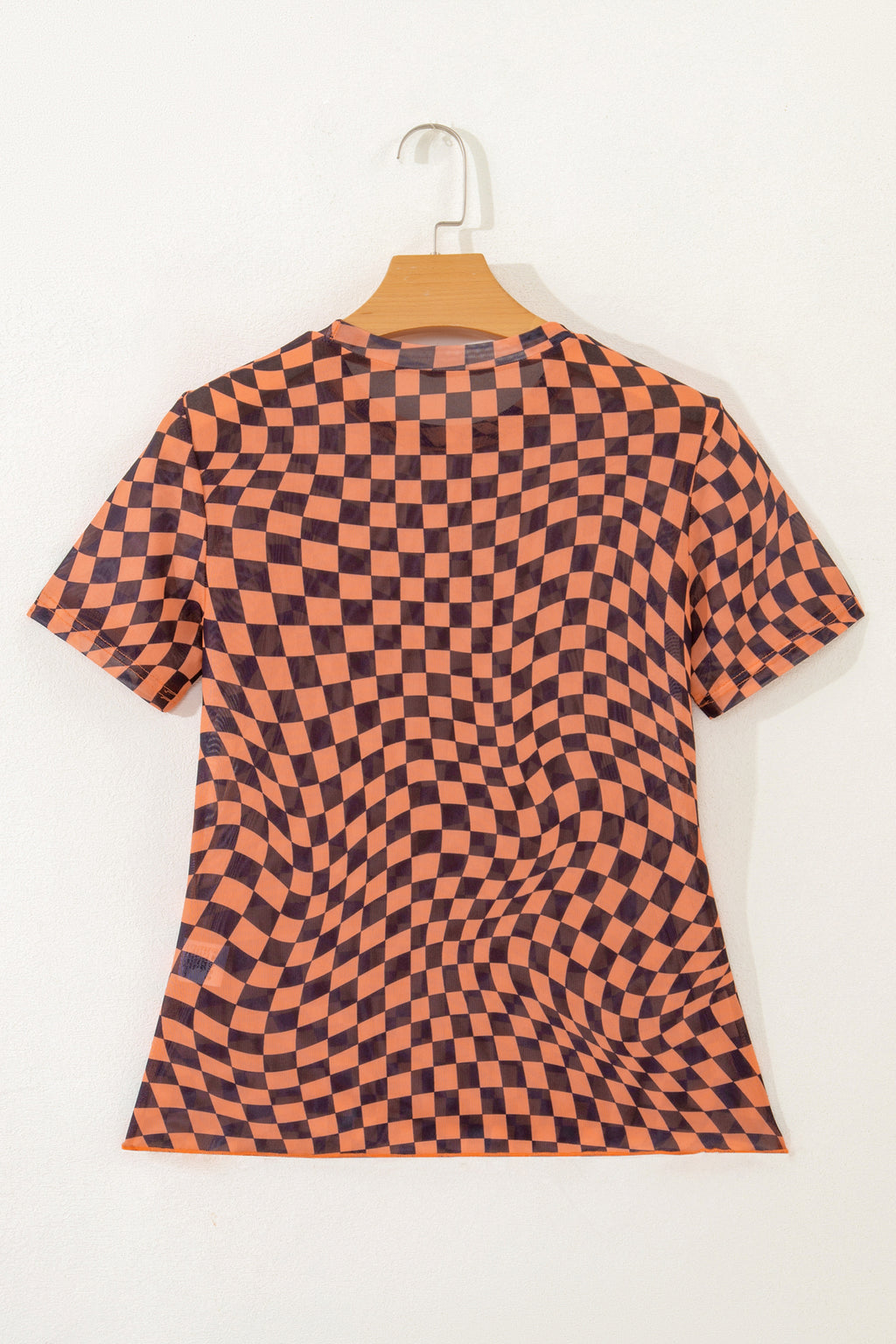 Khaki Checkered Print Crew Neck Mesh T Shirt