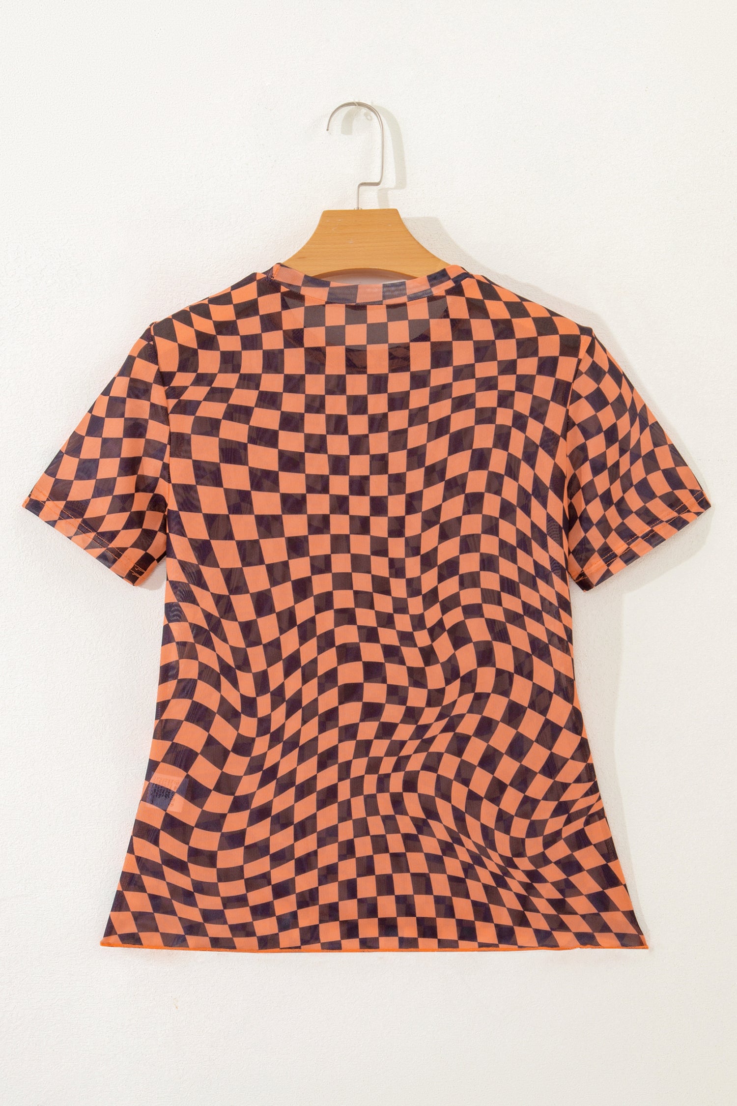 Khaki Checkered Print Crew Neck Mesh T Shirt
