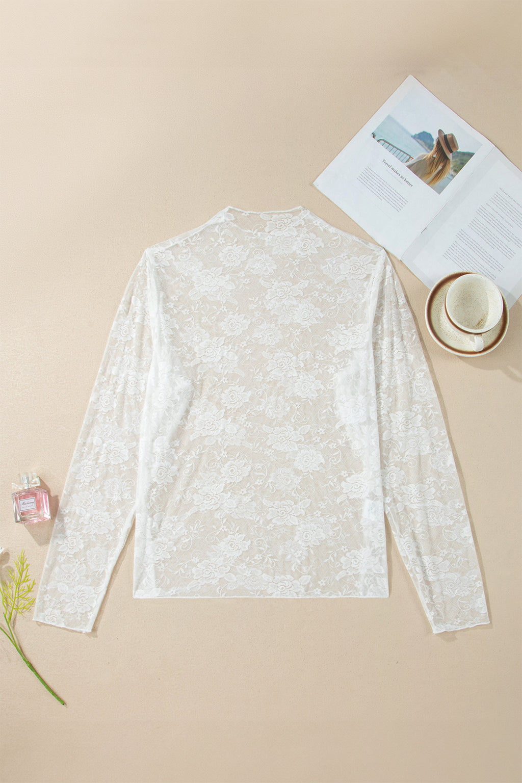 Black Plus Size Floral Mesh Long Sleeve Top